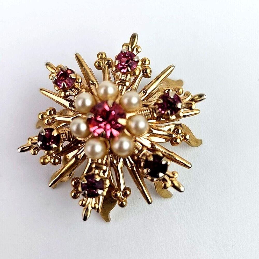 Vintage Pink Rhinestone Flower Brooch Faux Pearl Gold Tone Mid Century Floral Pi